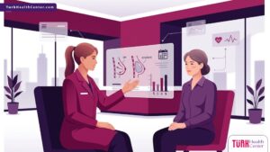 رسوم توضيحية فاخرة لطبيب يشرح تفاصيل تكلفة شد الثدي مع التكبير للمريضة داخل عيادة عصرية 