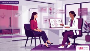 رسم توضيحي لطبيبة تشرح تفاصيل تكلفة شد الثدي غير الجراحي لمريضة في عيادة فاخرة بألوان أرجوانية عصرية 