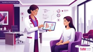 رسم توضيحي يظهر طبيب يشرح تفاصيل تكلفة ترميم الثدي المؤجل لمريضة داخل عيادة فاخرة 