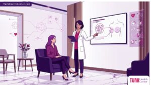 رسم توضيحي يظهر طبيبًا يشرح للمريضة تفاصيل تتعلق بـ تكلفة زراعة الدهون للصدر في عيادة فاخرة 