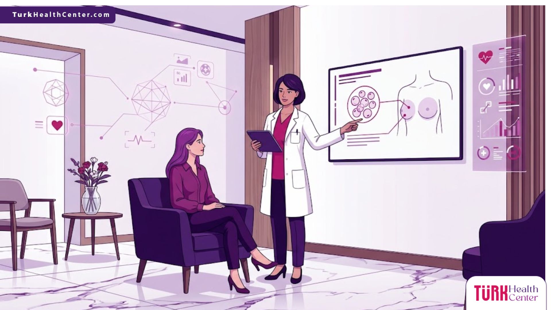 رسم توضيحي يظهر طبيبًا يشرح للمريضة تفاصيل تتعلق بـ تكلفة زراعة الدهون للصدر في عيادة فاخرة 