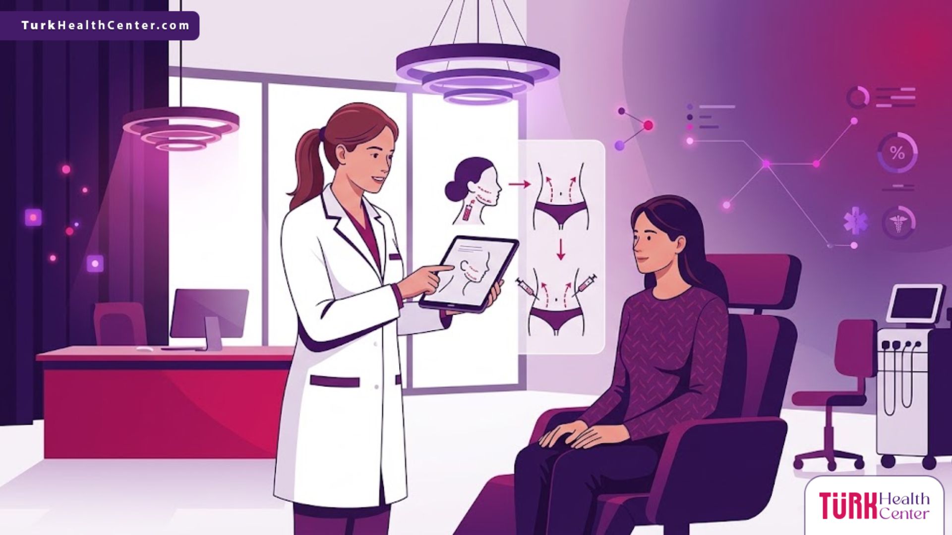 رسم توضيحي عصري يظهر طبيب يشرح للمريض تفاصيل تكلفة حقن الدهون نانو فات في عيادة فاخرة 