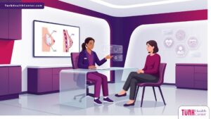 رسوم توضيحية حديثة لطبيب يشرح للمريضة تفاصيل تتعلق بـ تكلفة الترميم الهجين للثدي داخل عيادة فاخرة 