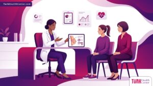 رسم توضيحي يظهر طبيبة تشرح تفاصيل تكلفة جراحة الثدي للمراهقات لمريضة داخل عيادة فاخرة 