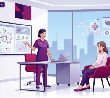 رسم توضيحي عصري يظهر طبيبًا يشرح خطوات عملية تجميل الثدي في تركيا لمريضة داخل عيادة فاخرة بألوان البنفسجي والمجنتيا 