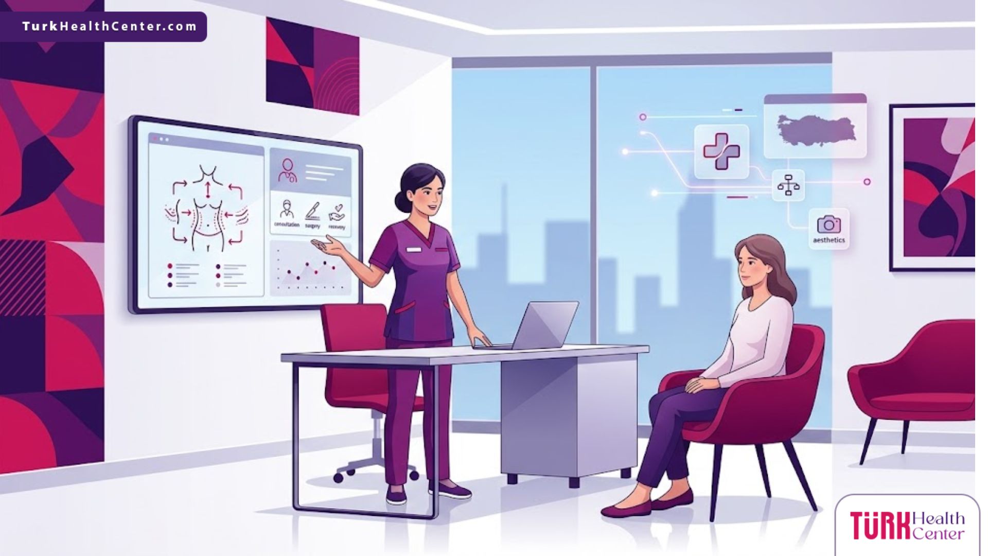 رسم توضيحي عصري يظهر طبيبًا يشرح خطوات عملية تجميل الثدي في تركيا لمريضة داخل عيادة فاخرة بألوان البنفسجي والمجنتيا 