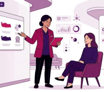 رسم توضيحي عصري يظهر طبيب يشرح ميزات تجميل الثدي في تركيا داخل عيادة فاخرة بألوان أرجوانية ملكية 