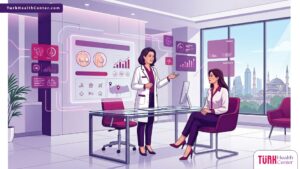رسم توضيحي يظهر طبيباً يشرح تفاصيل تكلفة تجميل الثدي في تركيا لمريضة داخل عيادة فاخرة 
