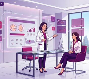 رسم توضيحي يظهر طبيباً يشرح تفاصيل تكلفة تجميل الثدي في تركيا لمريضة داخل عيادة فاخرة 