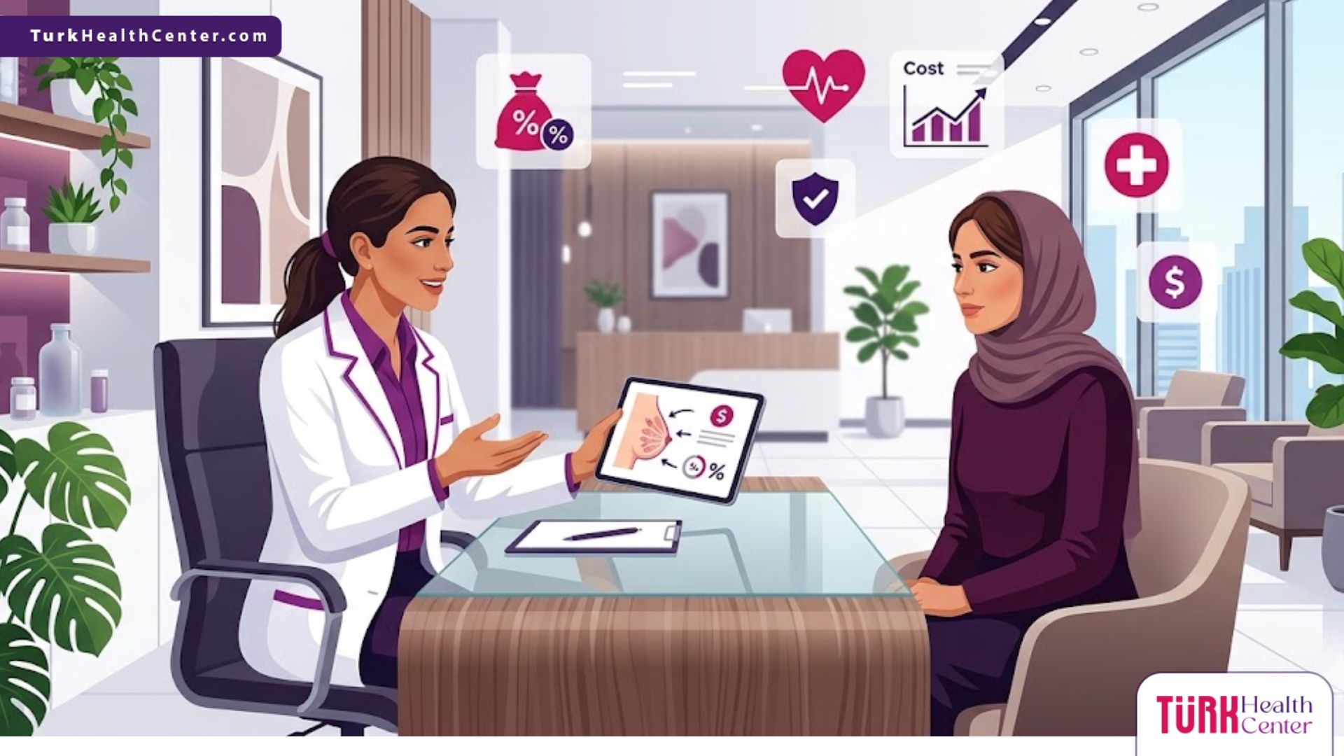 رسوم توضيحية لطبيب يشرح تفاصيل تكلفة عملية استئصال الثدي لمريضة داخل عيادة حديثة فاخرة 