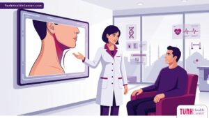 رسوم توضيحية فاخرة لطبيب يشرح عملية شفط دهون الرقبة في تركيا لمريض داخل عيادة حديثة 