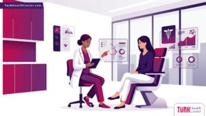 رسم توضيحي عصري يظهر طبيب يشرح تفاصيل تكلفة زراعة الثدي الفورية لمريضة داخل عيادة فاخرة 