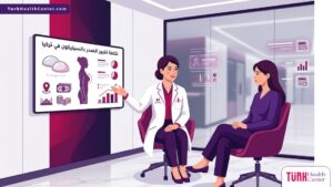 رسم توضيحي يظهر طبيباً يشرح تفاصيل تكلفة تكبير الصدر بالسيليكون في تركيا لمريضة داخل عيادة فاخرة 
