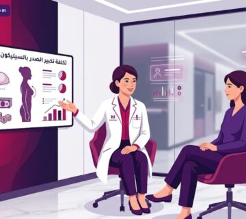 رسم توضيحي يظهر طبيباً يشرح تفاصيل تكلفة تكبير الصدر بالسيليكون في تركيا لمريضة داخل عيادة فاخرة 