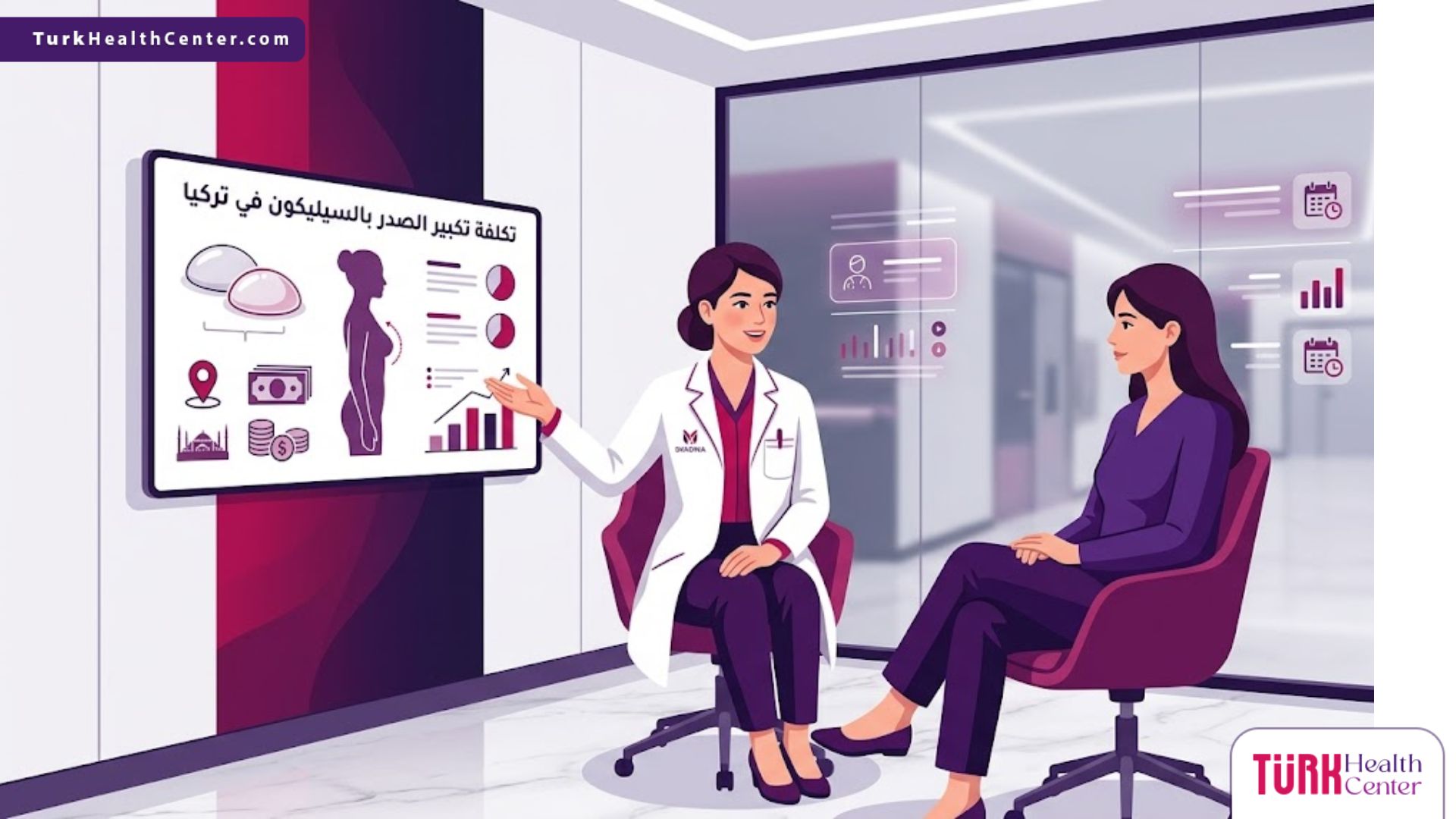 رسم توضيحي يظهر طبيباً يشرح تفاصيل تكلفة تكبير الصدر بالسيليكون في تركيا لمريضة داخل عيادة فاخرة 