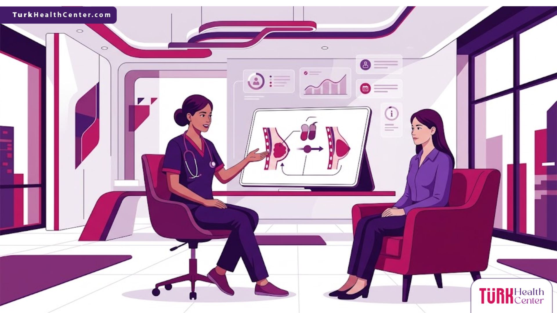 رسم توضيحي يظهر طبيب تجميل يشرح تفاصيل تكلفة تكبير الصدر بالدهون الذاتية داخل عيادة عصرية فاخرة 