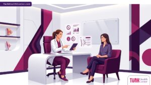 رسوم توضيحية لعيادة طبية حديثة تناقش فيها الطبيبة تفاصيل حول تكلفة زراعة الثدي في تركيا مع مريضة 