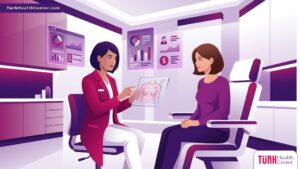 رسم توضيحي يظهر طبيباً يشرح تفاصيل تكلفة عملية رفع الصدر لمريضة داخل عيادة طبية فاخرة بأسلوب فيكتور عصري 