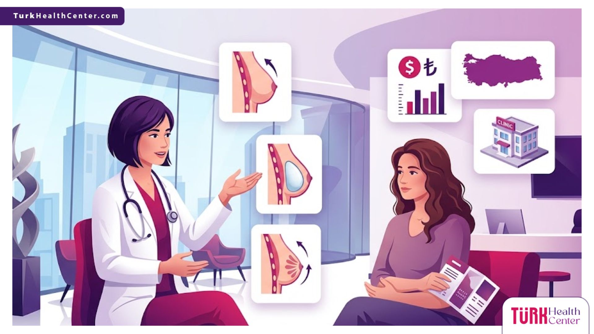 رسم توضيحي عصري يجمع طبيبة تجميل مع مريضة لمناقشة إجراءات تكلفة تجميل الثدي بعد الولادة بألوان احترافية