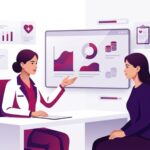 رسم توضيحي لطبيب يشرح للمريضة خيارات وتقنيات تكلفة شد الصدر بدون جراحة في عيادة فاخرة 