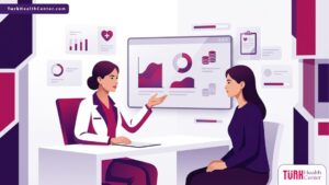 رسم توضيحي لطبيب يشرح للمريضة خيارات وتقنيات تكلفة شد الصدر بدون جراحة في عيادة فاخرة 