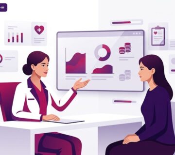 رسم توضيحي لطبيب يشرح للمريضة خيارات وتقنيات تكلفة شد الصدر بدون جراحة في عيادة فاخرة 