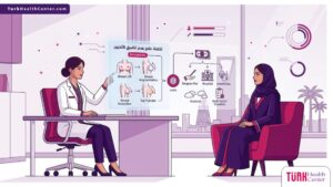 رسوم توضيحية لعيادة طبية حديثة تشرح إجراءات تكلفة علاج عدم تناسق الثديين بألوان احترافية 