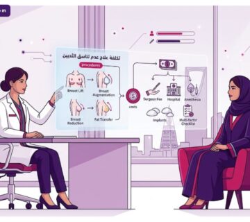 رسوم توضيحية لعيادة طبية حديثة تشرح إجراءات تكلفة علاج عدم تناسق الثديين بألوان احترافية 