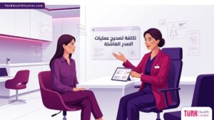 رسوم توضيحية عصرية لطبيب يشرح إجراءات تكلفة تصحيح عمليات الصدر الفاشلة داخل عيادة طبية فاخرة 