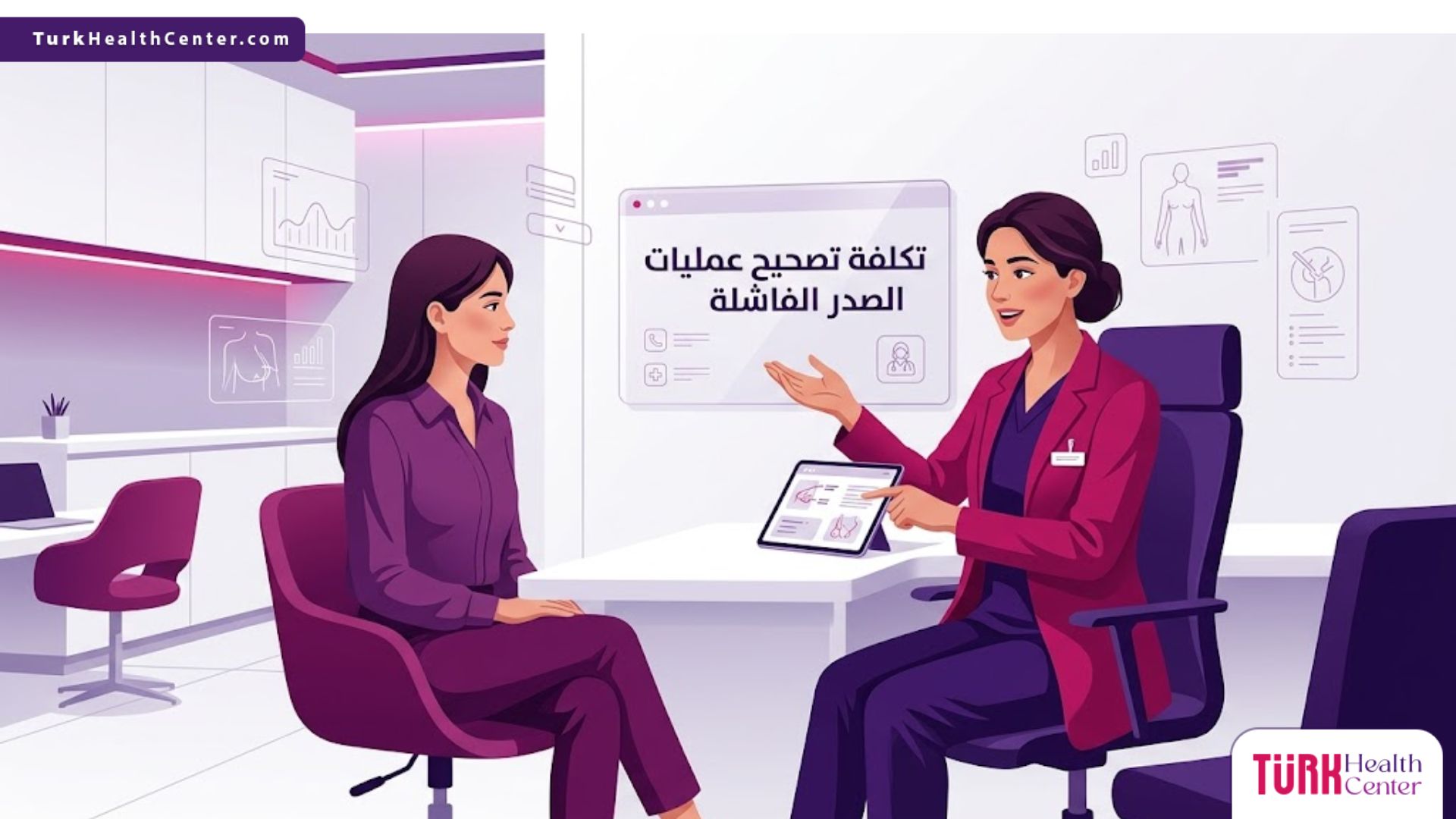 رسوم توضيحية عصرية لطبيب يشرح إجراءات تكلفة تصحيح عمليات الصدر الفاشلة داخل عيادة طبية فاخرة 