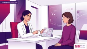 رسم توضيحي يظهر طبيب يشرح للمريضة تفاصيل تكلفة شد الصدر بالجي بلازما داخل عيادة حديثة فاخرة 