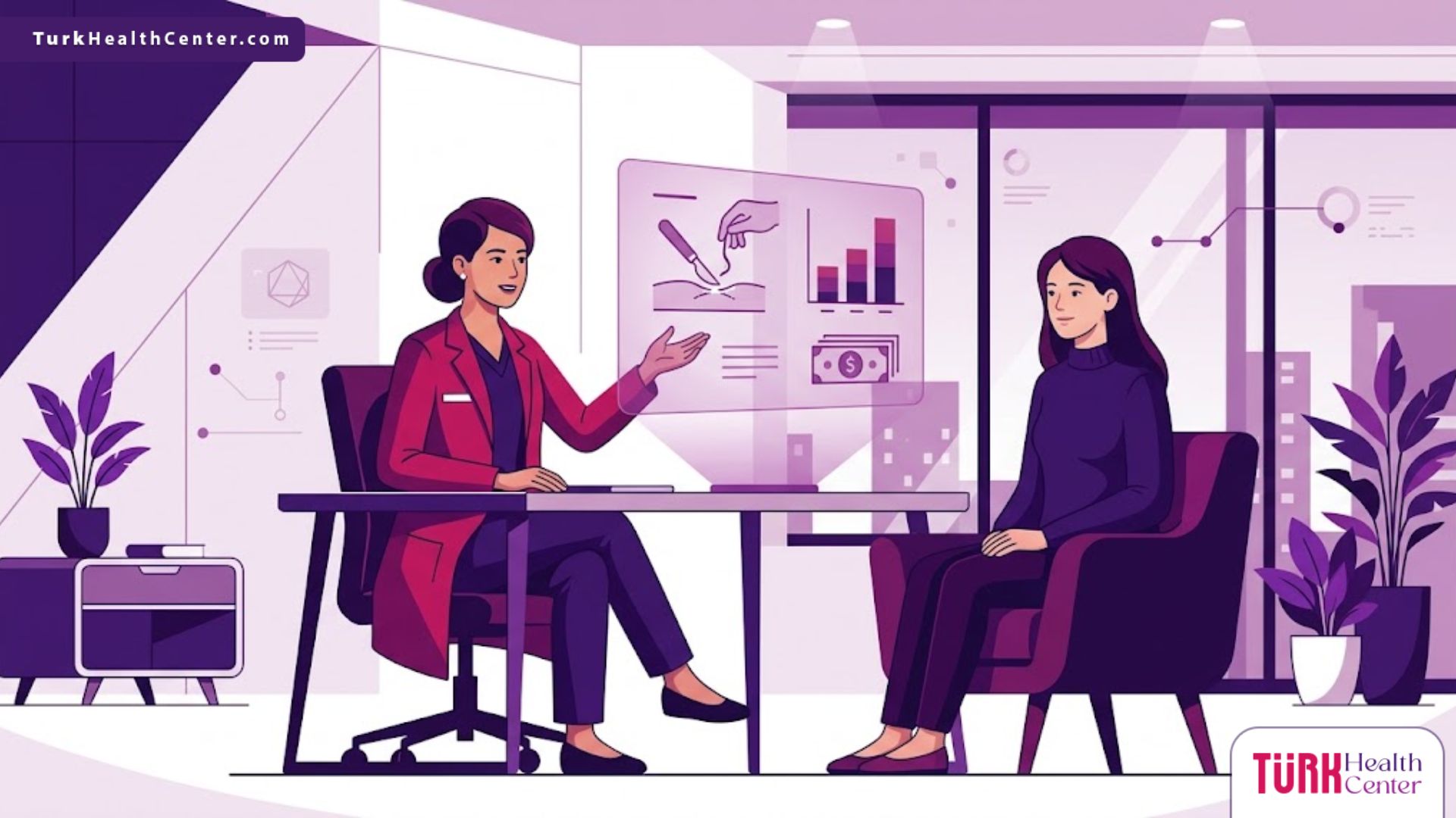 رسوم توضيحية لعيادة طبية حديثة تشرح تفاصيل تكلفة استئصال الثدي الكلي للمريضة 