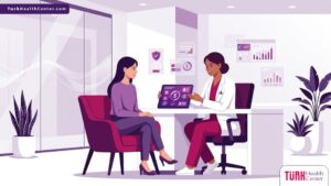 رسم توضيحي عصري يظهر طبيبًا يشرح تفاصيل تكلفة عملية ترميم الثدي لمريضة في عيادة فاخرة 