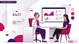 رسم توضيحي يظهر طبيب يشرح للمريضة تفاصيل وخيارات تكلفة شد الصدر المترهل جداً داخل عيادة عصرية 