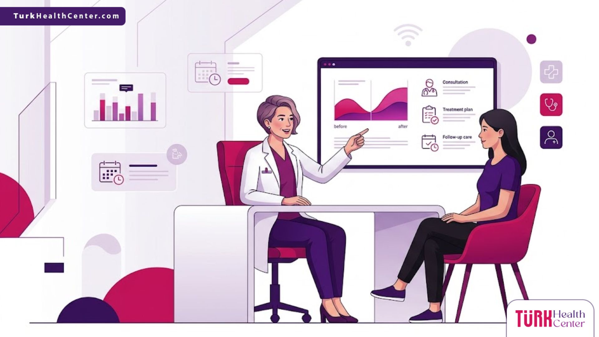 رسم توضيحي يظهر طبيب يشرح للمريضة تفاصيل وخيارات تكلفة شد الصدر المترهل جداً داخل عيادة عصرية 