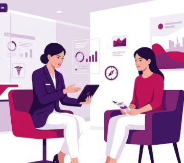 رسم توضيحي يظهر طبيب يشرح إجراءات تجميل الجسم في تركيا لمريض في عيادة فاخرة وأنيقة 