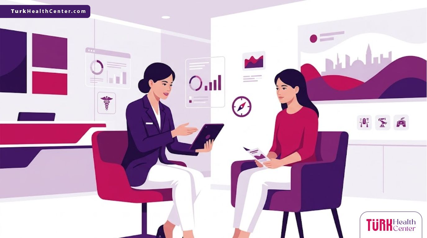 رسم توضيحي يظهر طبيب يشرح إجراءات تجميل الجسم في تركيا لمريض في عيادة فاخرة وأنيقة 