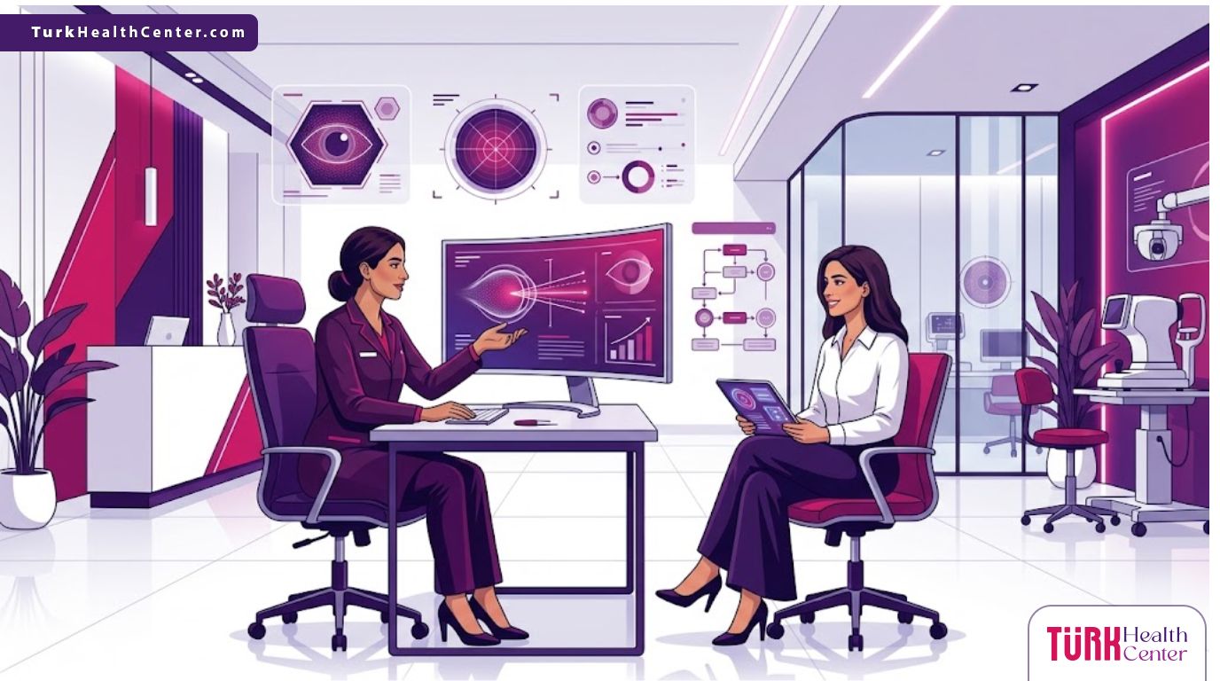 رسم توضيحي يظهر طبيب يشرح عملية تجميل العيون بالليزر في تركيا لمريض داخل عيادة فاخرة بألوان أرجوانية عصرية