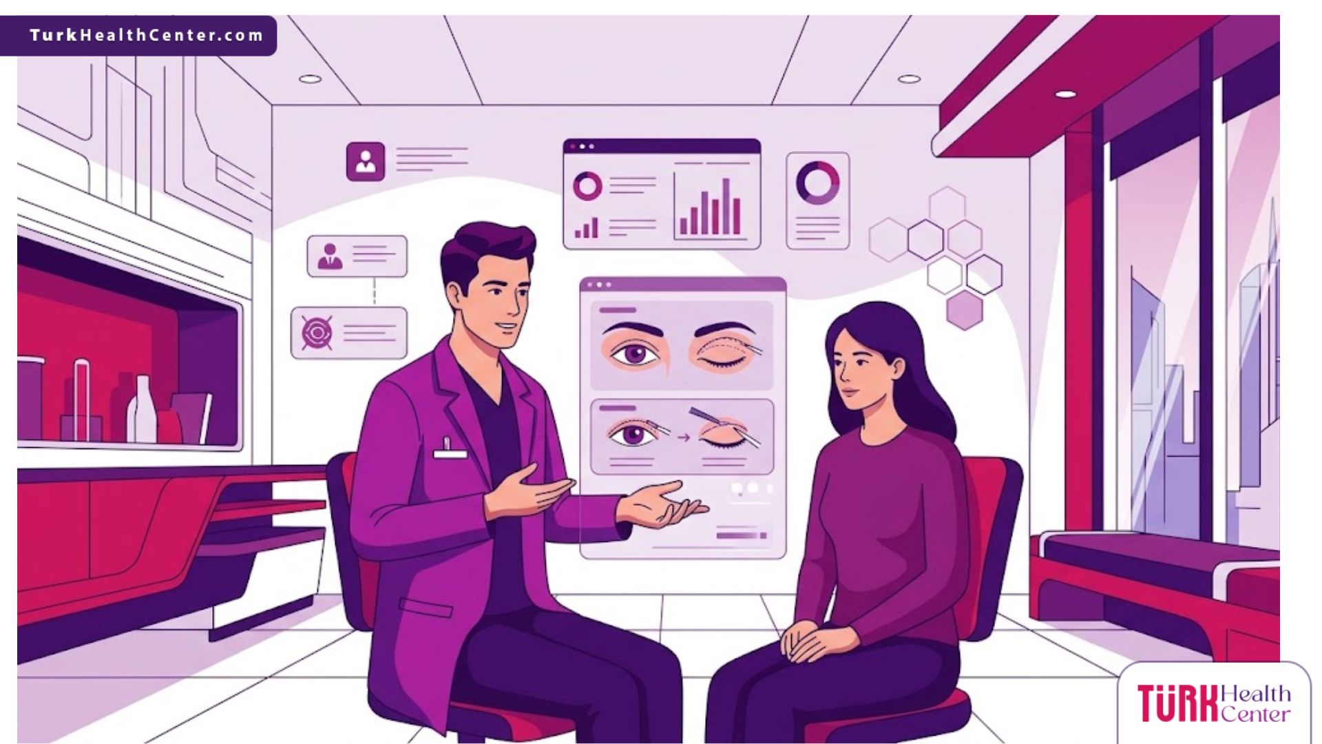 رسم توضيحي يظهر طبيب يشرح عملية قص الجفون العلوية في تركيا لمريضة في عيادة فاخرة 