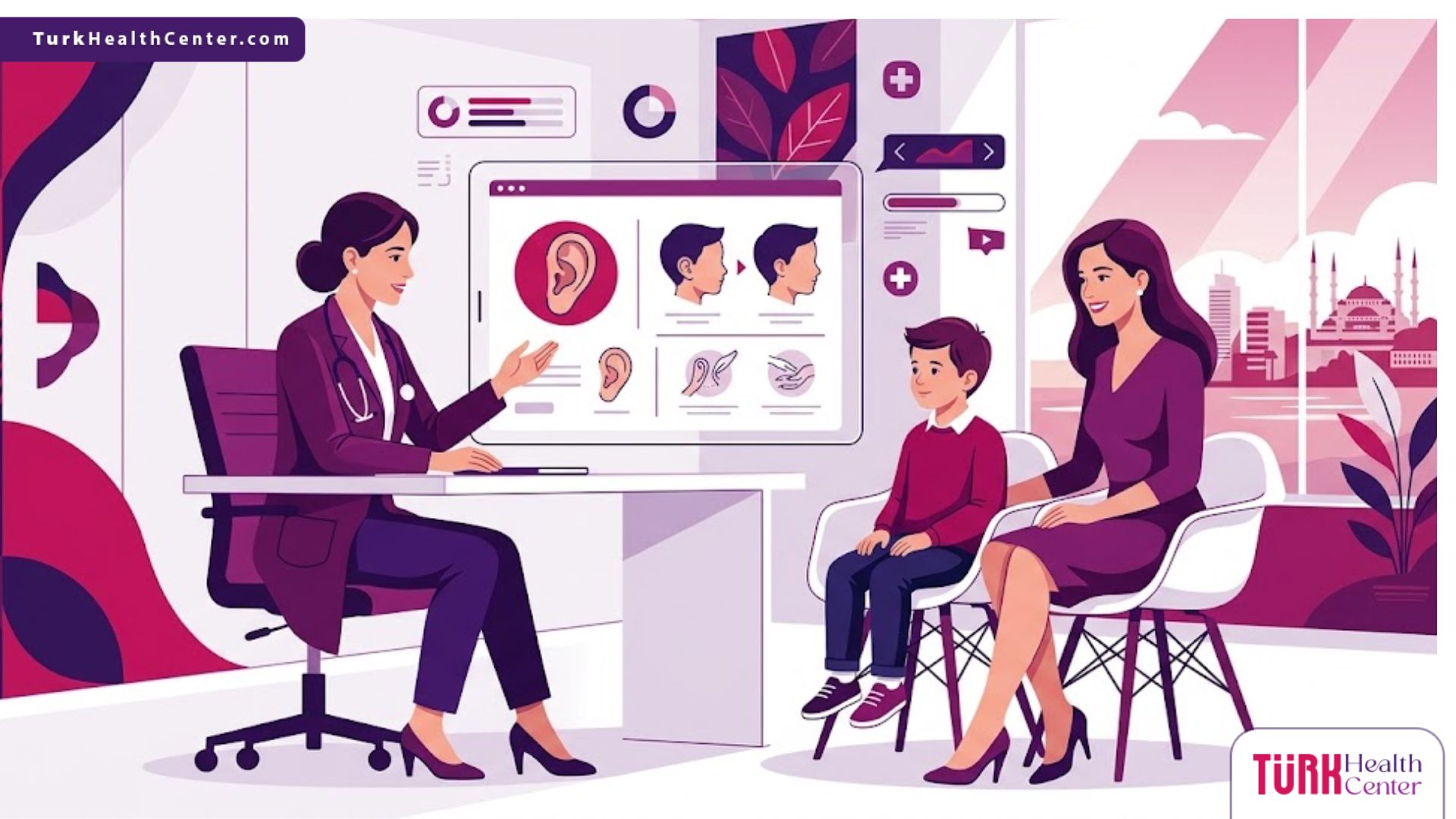 رسم توضيحي عصري يظهر طبيباً يشرح عملية تجميل الأذن البارزة للاطفال في تركيا داخل عيادة فاخرة 