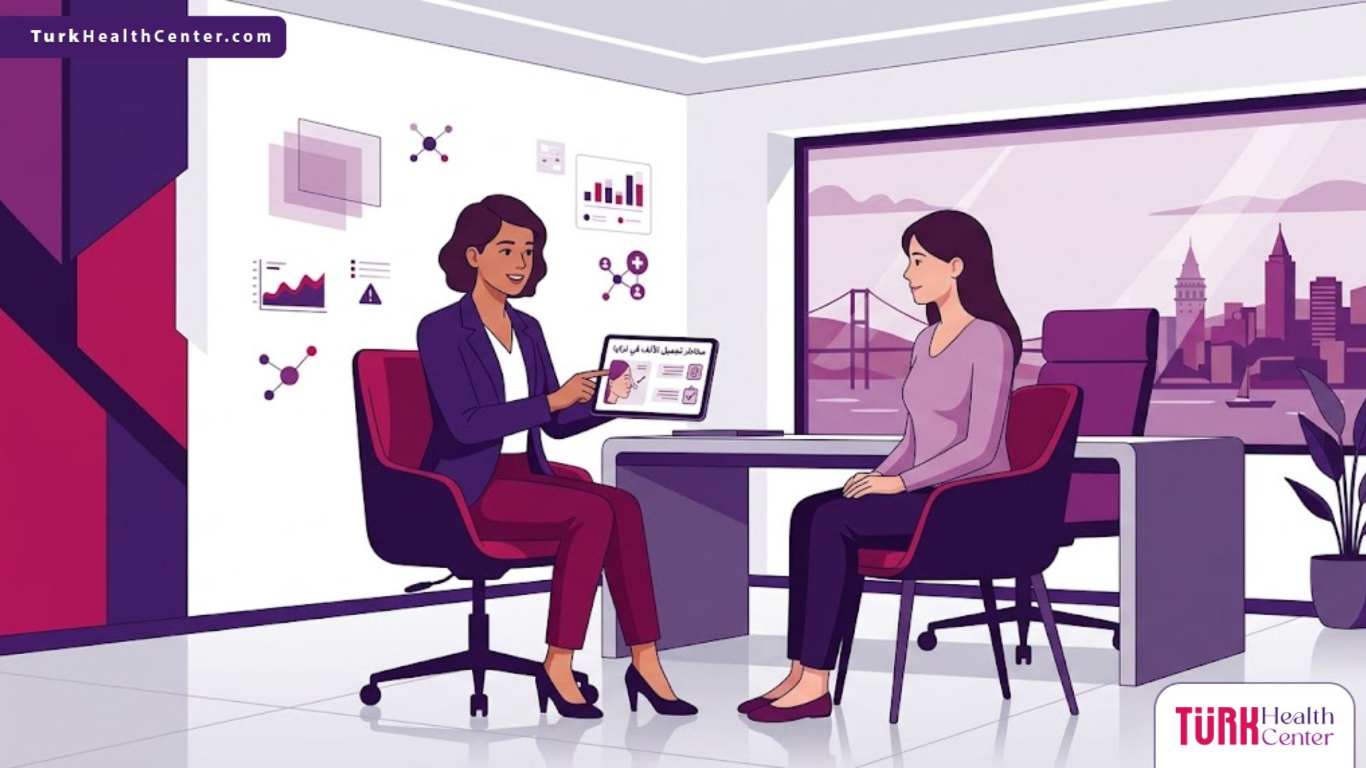 رسم توضيحي يظهر طبيبًا يشرح سبل الوقاية من مخاطر تجميل الأنف في تركيا داخل عيادة طبية حديثة بأسلوب الفيكتور 