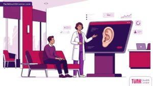 رسم توضيحي عصري يظهر طبيب يشرح عملية تكبير الأذن في تركيا لمريض داخل عيادة فاخرة بألوان أرجوانية 