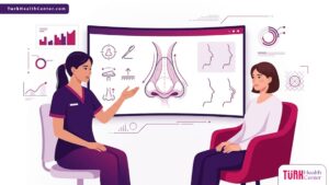 رسم توضيحي عصري يظهر طبيباً يشرح عملية تجميل أرنبة الأنف في تركيا لمريض داخل عيادة فاخرة 