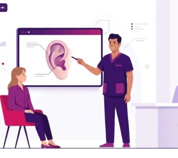 رسوم توضيحية فخمة لطبيب يشرح خطوات تجميل الأذن البارزة في تركيا لمريض داخل عيادة عصرية 