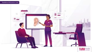 رسم توضيحي يظهر طبيب يشرح تفاصيل عملية الأذن الخفاشية في تركيا لمريض داخل عيادة فاخرة 