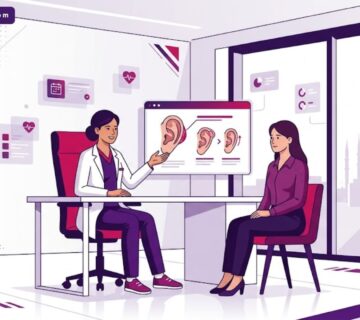 رسوم توضيحية فنية لعيادة حديثة يظهر فيها طبيب يشرح خطوات عملية تصغير الأذن في تركيا لمريض 