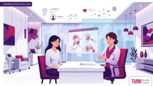 رسم توضيحي عصري لعيادة فاخرة يشرح فيها الطبيب تقنية تجميل الأذن بدون جراحة في تركيا لمريض 
