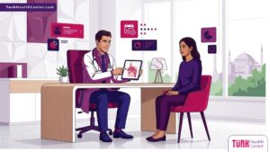 رسم توضيحي يظهر طبيب يشرح عملية علاج انحراف الحاجز الأنفي في تركيا لمريض داخل عيادة فاخرة 