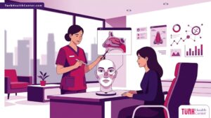 رسم توضيحي عصري يظهر طبيب يشرح تفاصيل جراحة تجميل الأنف الثانوية للمريض داخل عيادة فاخرة 
