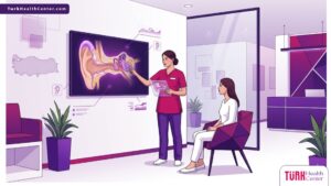 رسم توضيحي يظهر طبيب يشرح عملية نحت غضروف الأذن في تركيا للمريض داخل عيادة فاخرة 